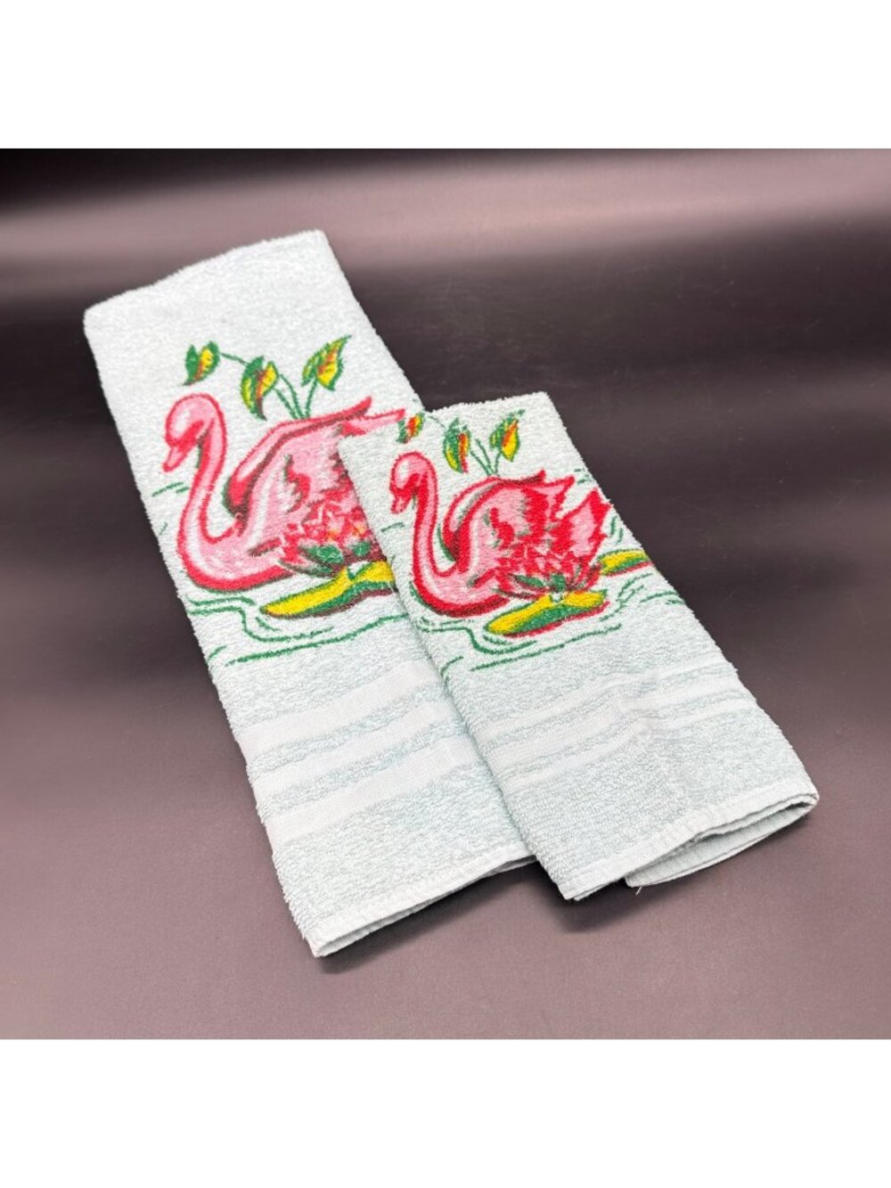 Vintage Bath Hand Towel Set Pink Swan Lily Pads 1950s Retro Bathroom Decor